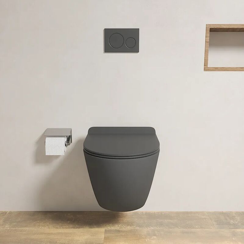 foto del prodotto vaso wc sospeso in ceramica grigio opaco rimless salvaspazio con sedile soft-close mod. parigi
