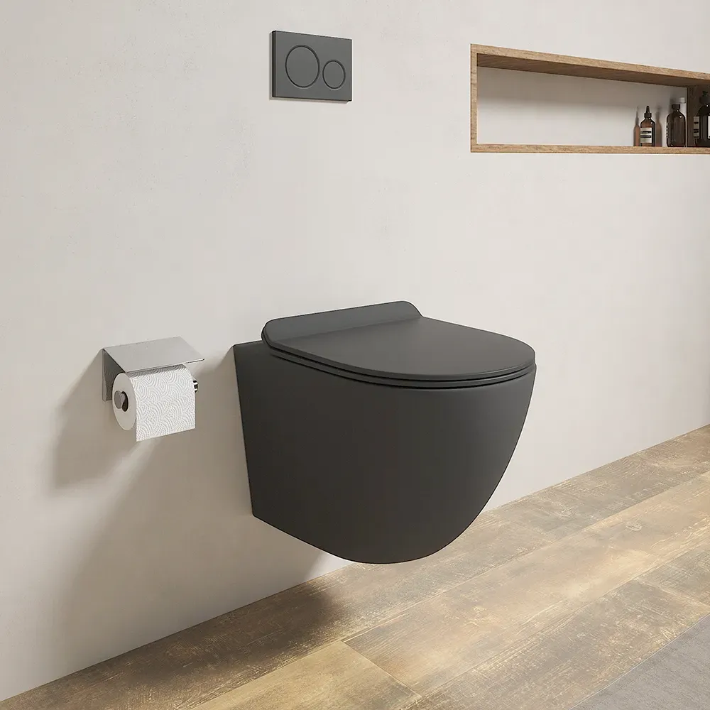 foto del prodotto vaso wc sospeso in ceramica grigio opaco rimless salvaspazio con sedile soft close parigi