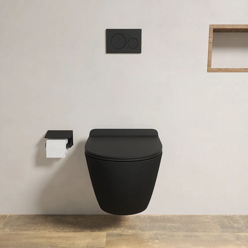 foto del prodotto vaso wc sospeso in ceramica nero opaco rimless salvaspazio con sedile soft-close mod. parigi