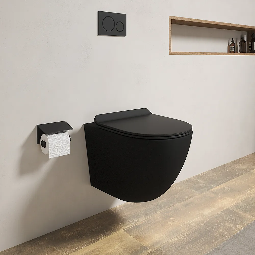 foto del prodotto vaso wc sospeso in ceramica nero opaco rimless salvaspazio con sedile soft close parigi