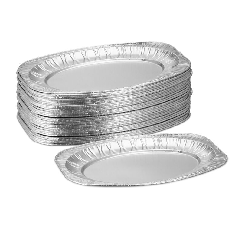 foto del prodotto vassoi in alluminio, set da 40 vaschette, lxp 35 x 24 cm, contenitori ovali per grigliate e barbecue, argento relaxdays