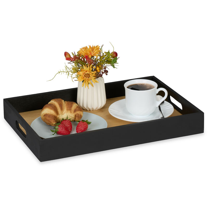 foto del prodotto vassoio da portata in bamb e mdf, hlp 5 x 40,5 x 28 cm,tavoletta con manici, rettangolare, nero marrone relaxdays