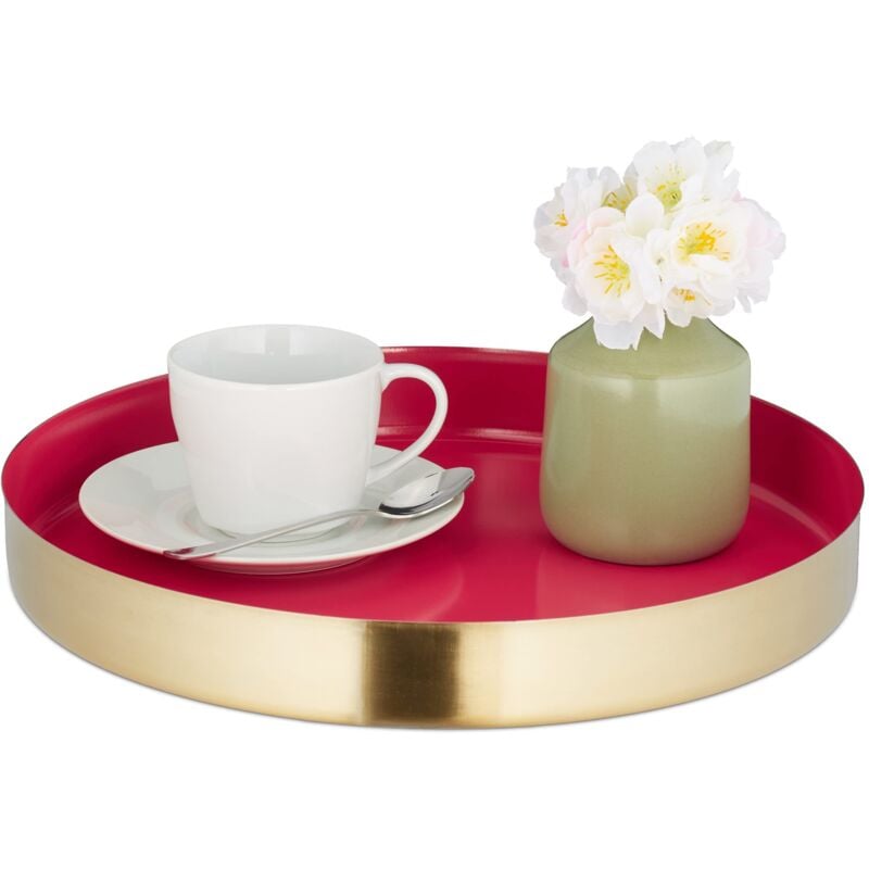 foto del prodotto vassoio da portata rotondo, decorativo, hxd 4x32 cm, con bordo, centrotavola moderno, acciaio inox, oro rosso relaxdays