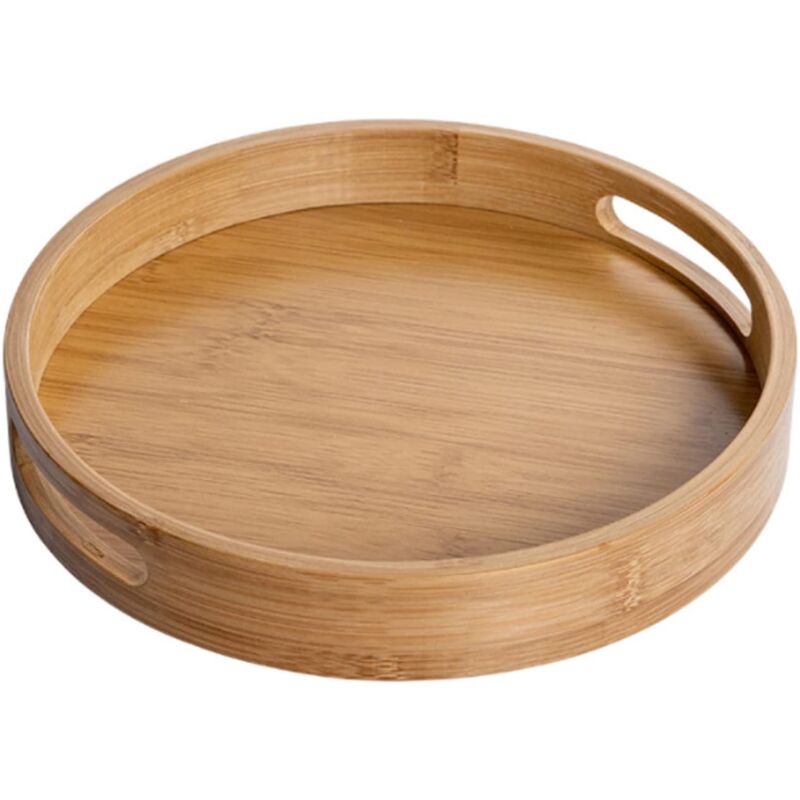 foto del prodotto vassoio da portata rotondo in legno con manici, vassoio decorativo rotondo, bamb naturale, vassoio decorativo per bar, caffetteria, ristorante