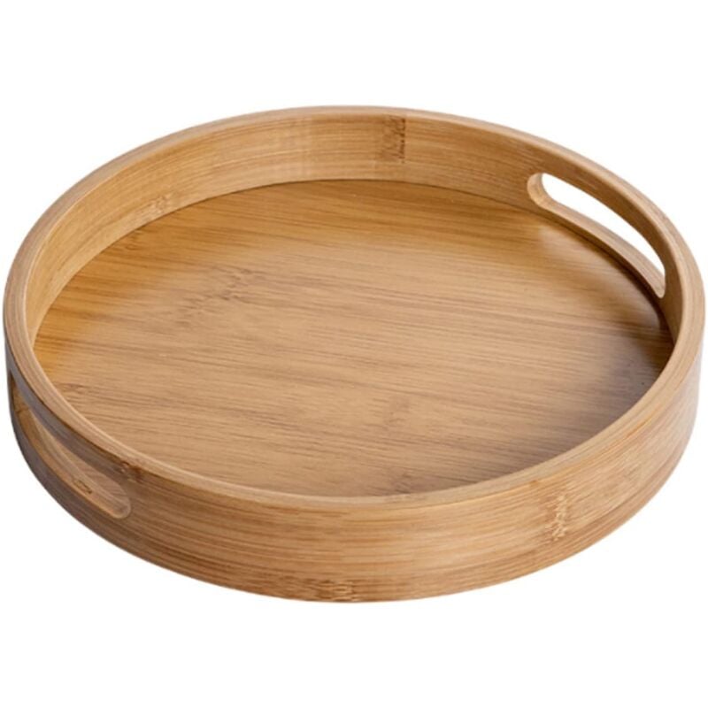 foto del prodotto vassoio da portata rotondo in legno con manici, vassoio decorativo rotondo, bamb naturale, vassoio decorativo per bar, caffetteria, ristorante