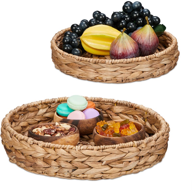foto del prodotto vassoio da portata, set da 2 ciotole 32 e 25 cm, centrotavola svuotatasche rotondo, aspetto vimini, naturale relaxdays