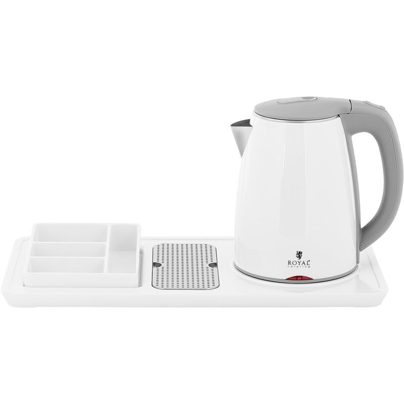 foto del prodotto vassoio di cortesia hotel premium con bollitore elettrico con scomparti per caff e t 1,2 litri 1800 watt acciaio inox bianco 140004298