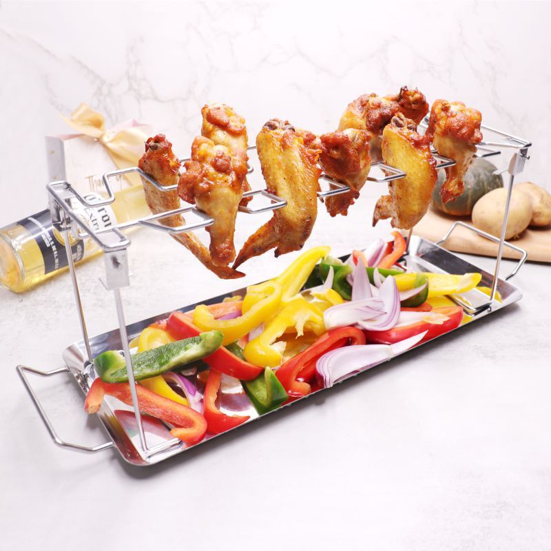 foto del prodotto vassoio per barbecue pieghevole in acciaio inox per cosce di pollo, portatile, per esterni, 43,5 x 14,4 x 15 cm