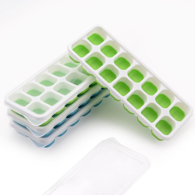 foto del prodotto vassoio per cubetti di ghiaccio, confezione da 4 stampi per cubetti di ghiaccio con coperchio, 14 vassoi per cubetti di ghiaccio in silicone,