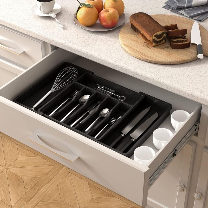 foto del prodotto vassoio per posate, vassoio portautensili espandibile per cassetto, organizer per cassetti regolabile per cucina, contenitore compatto in plastica