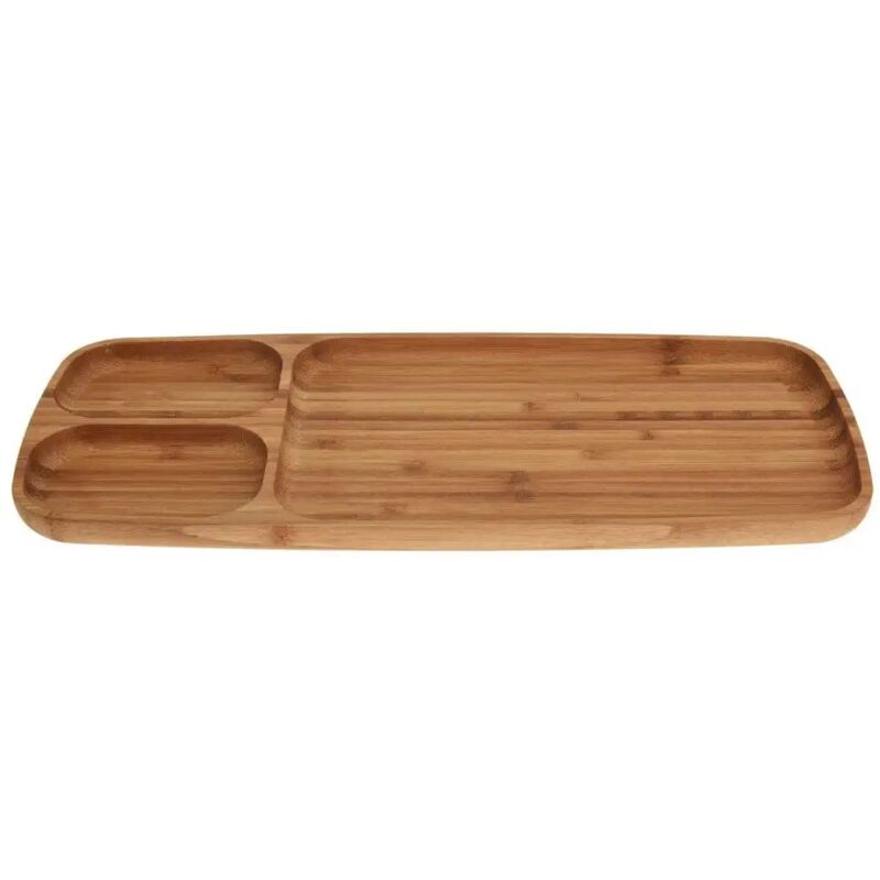 foto del prodotto vassoio piatto ovale da portata 3 scomparti in legno di bambu naturale 39x16cm