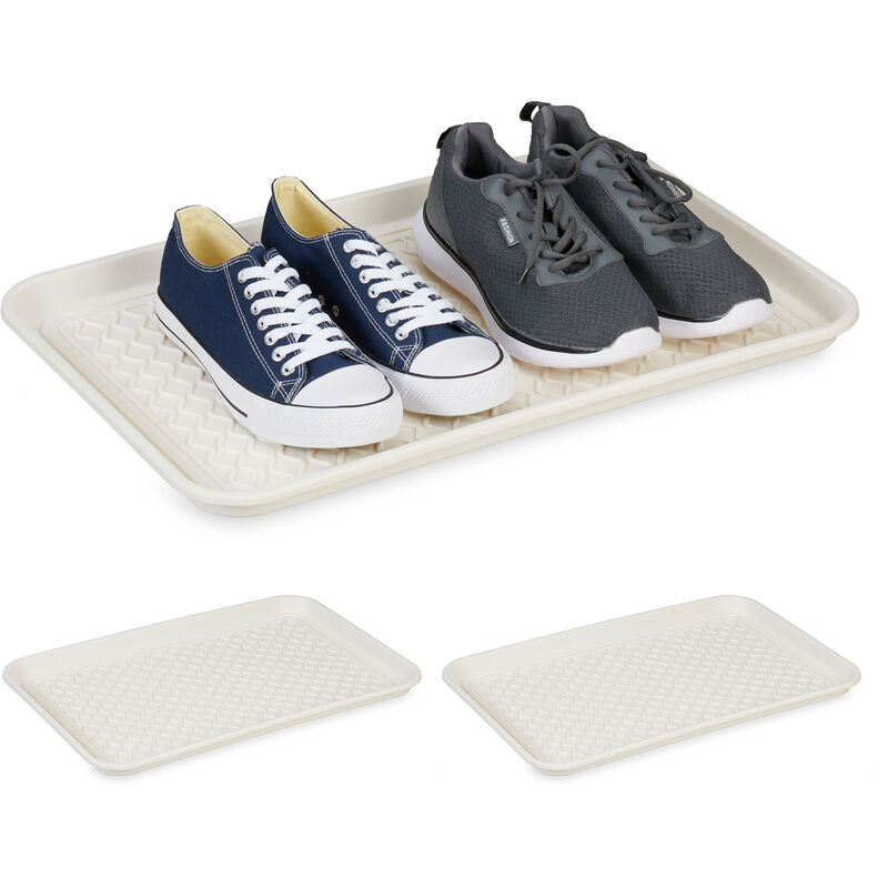 foto del prodotto vassoio poggiascarpe xl, set da 3 vaschette poggia scarpe bagnate, 60 x 40 cm, tappetino in plastica, bianco relaxdays