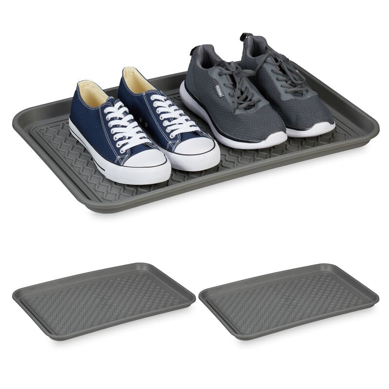 foto del prodotto vassoio poggiascarpe xl, set da 3 vaschette poggia scarpe bagnate, 60 x 40 cm, tappetino in plastica, grigio relaxdays