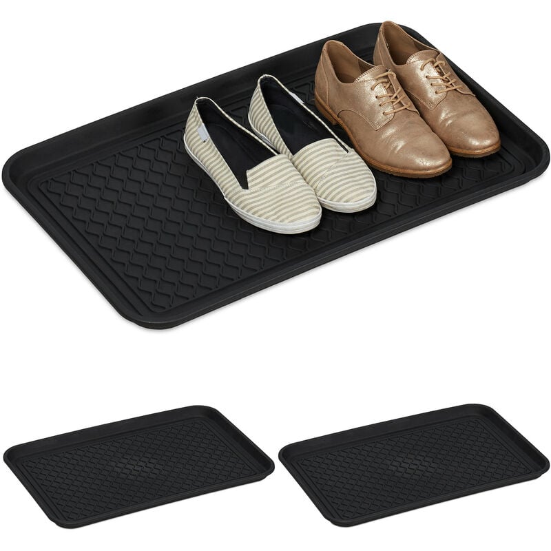 foto del prodotto vassoio poggiascarpe xl, set da 3 vaschette poggia scarpe bagnate, 60 x 40 cm, tappetino in plastica, nero relaxdays