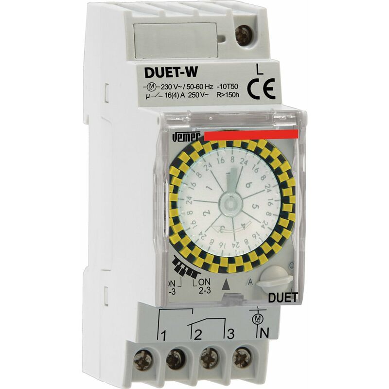 foto del prodotto ve125100 duet w interruttore orario elettromeccanico a cavalieri con batteria sostituibile, programmazione settimanale, 2 moduli din, grigio vemer