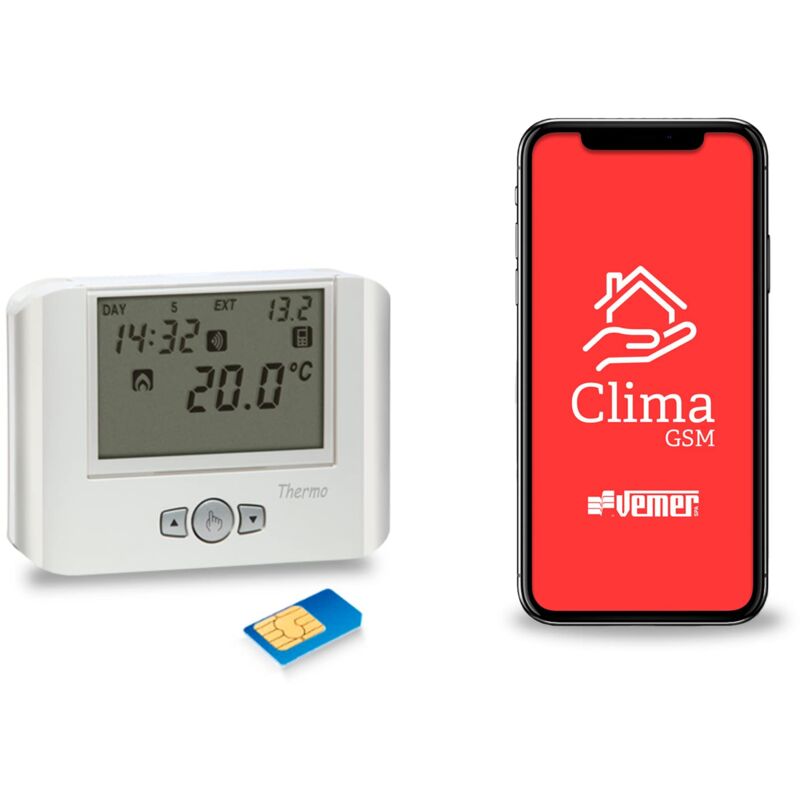 foto del prodotto ve715900 thermo gsm termostato gsm da parete con controllo remoto via app e sms, alimentazione 230v con batteria tampone, bianco vemer