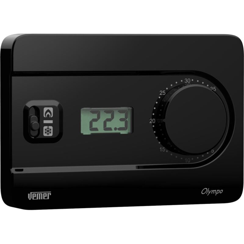 foto del prodotto ve757800 olympo lcd termostato ambiente da parete con display lcd e manopola di regolazione, alimentazione batterie, nero vemer