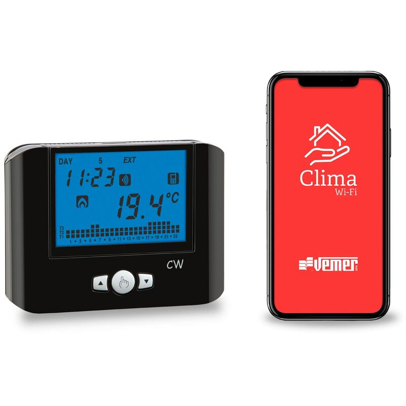 foto del prodotto ve787200 cw termostato wifi da parete, alimentazione 230v, cronotermostato controllabile a distanza tramite app, nero vemer