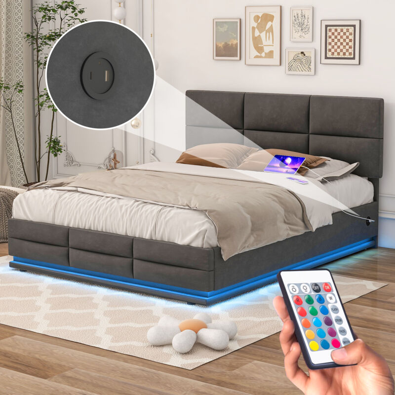 foto del prodotto vecchio sku w1880s00030 tessuto in morbido velluto delicato sulla pelle, sistema idraulico, ampio letto contenitore con luci a led e caricatore