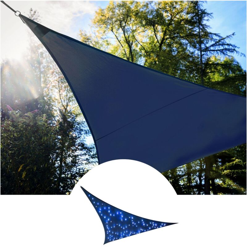 foto del prodotto vela ombreggiante con cielo stellato led integrato triangolo 3,6 x 3,6 x 3,6 mt blu scuro