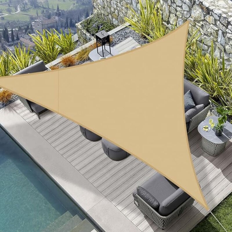 foto del prodotto vela ombreggiante da esterno per cortile e giardini triangolare in hdpe beige 3.6x3.6x3.6 mt