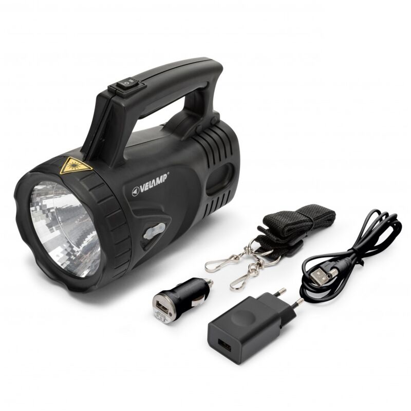 foto del prodotto velamp faro led portatile 3w, 170 lm, portata 250 metri, ricaricabile con adattatore 220v, 12v e cavo usb ir554led.012s