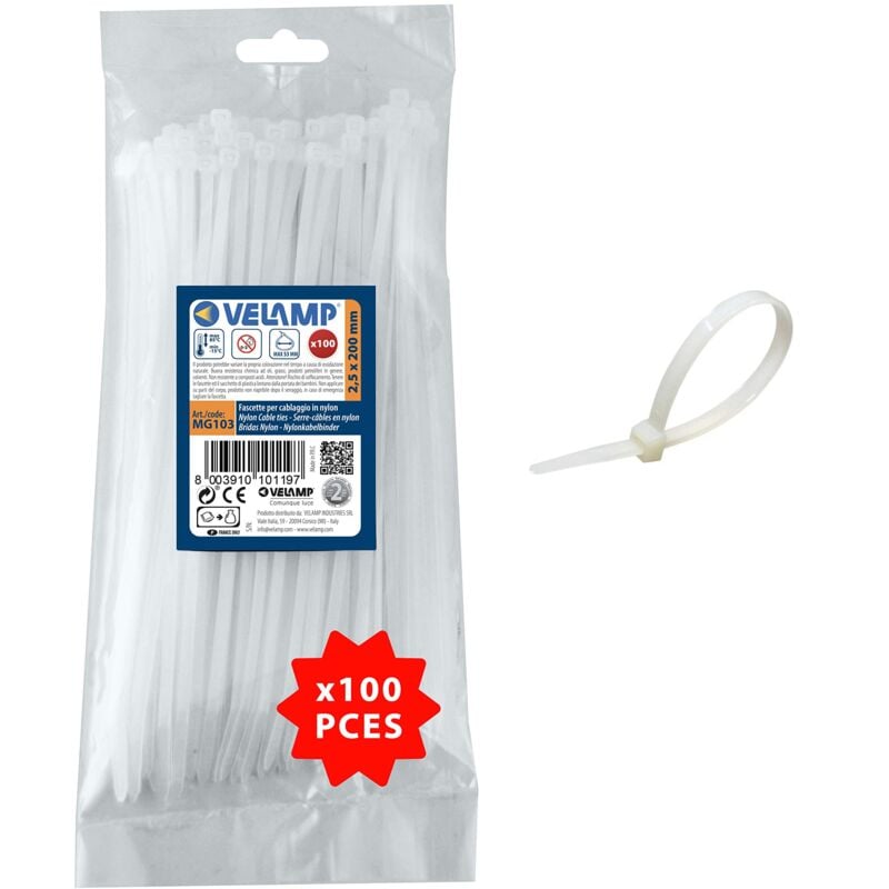 foto del prodotto velamp fascette stringicavo colore bianco 2,5 x 200mm confezione 100pz ideali per cablaggi elettrici