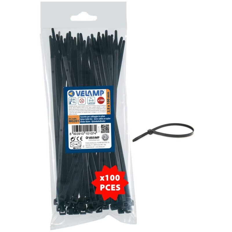 foto del prodotto velamp fascette stringicavo colore nero 2,5 x 100mm confezione 100pz ideali per cablaggi elettrici