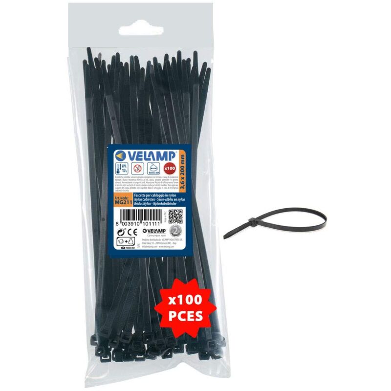 foto del prodotto velamp fascette stringicavo colore nero 3,6 x 200mm confezione 100pz ideali per cablaggi elettrici