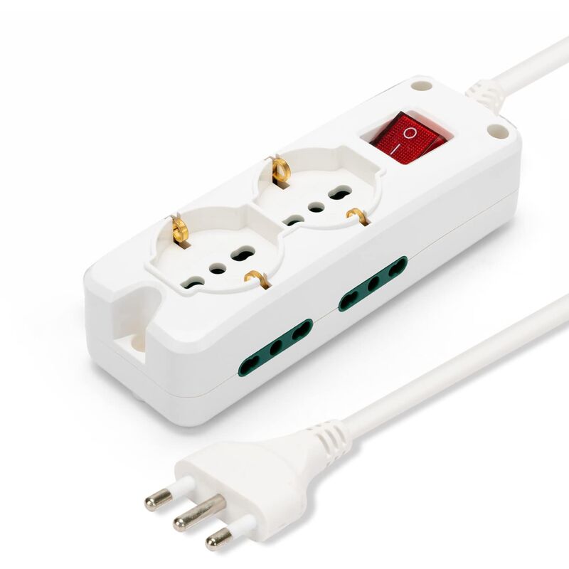 foto del prodotto velamp multipresa 2 prese polivalenti schuko 10 16a 4 prese bivalenti 10 16a interruttore luminoso colore bianco