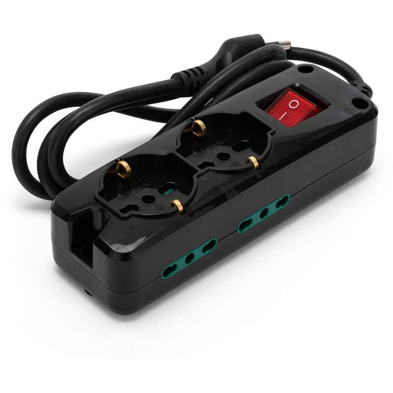 foto del prodotto velamp multipresa 2 prese polivalenti schuko 10 16a 4 prese bivalenti 10 16a interruttore luminoso colore nero