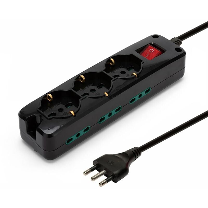 foto del prodotto velamp multipresa 3 prese polivalenti schuko 10 16a 6 prese bivalenti 10 16a interruttore luminoso colore nero