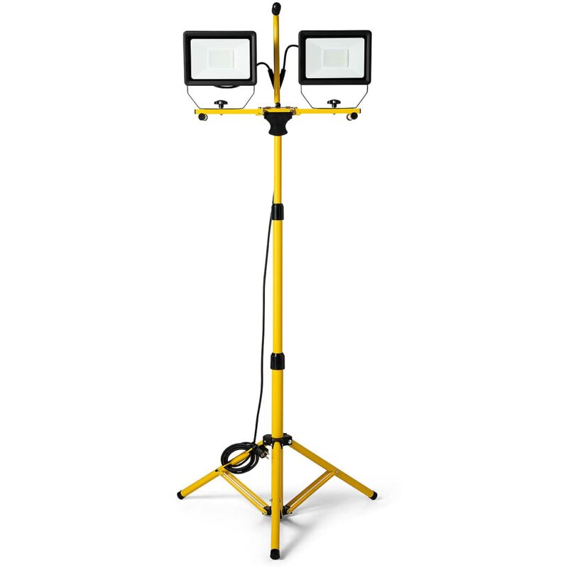 foto del prodotto velamp stak st748 faretti led su treppiede, 2 x 50w, 8000 lumen, giallo, cavo 3m, ip65, 160cm di altezza. uso esterno ideale per cantiere, garage,