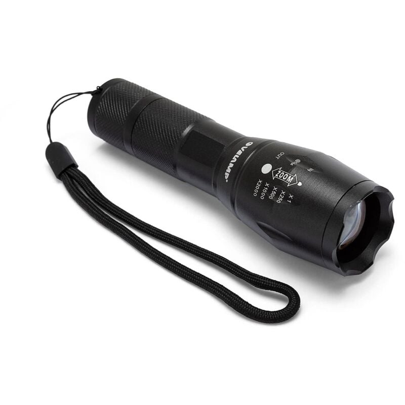 foto del prodotto velamp steel torcia led potente impermeabile ip54 fascio luminoso regolabile con zoom interruttore tattico ideale per uso professionale ed