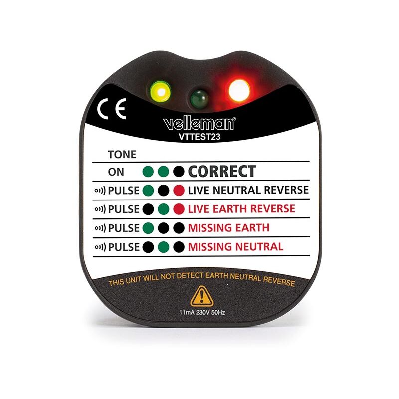 foto del prodotto velleman tester de tensione e terra de prese de muro cat ii 230 v indicazione por led e buzzer