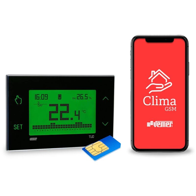 foto del prodotto vemer ve771900 tuo gsm - cronotermostato gsm con programmazione settimanale, installazione da parete, controllabile da smartphone con app, nero