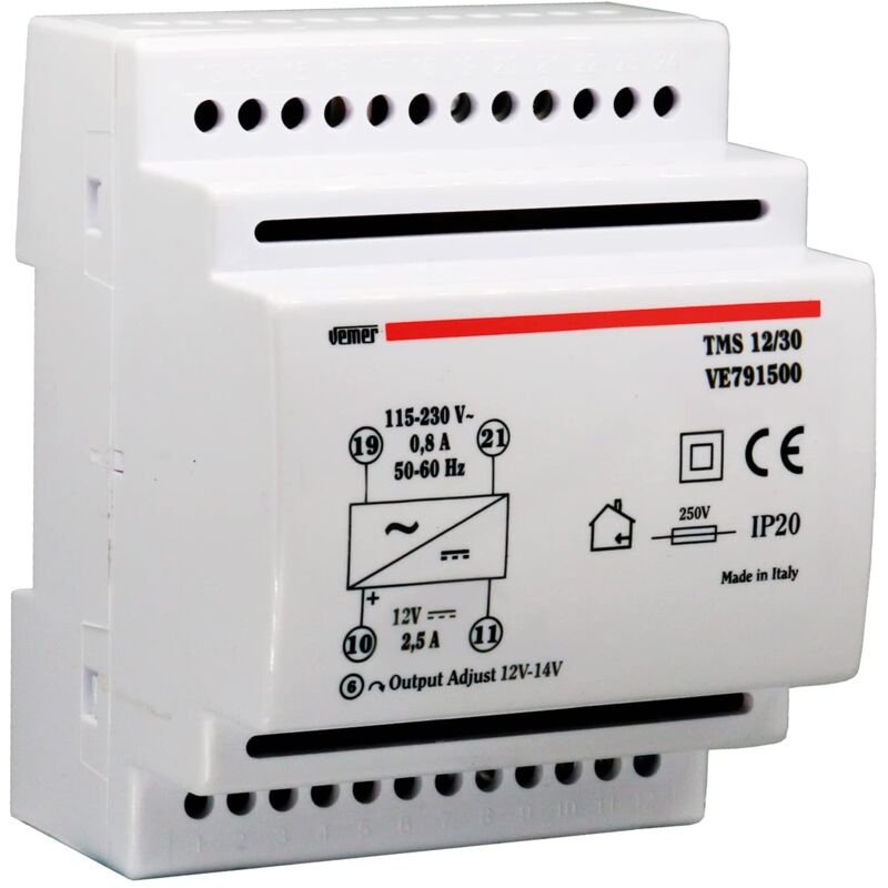 foto del prodotto vemer ve791500 tms 12 30 alimentatore 12v switching stabilizzato, trasformatore con installazione su barra din, tensione in uscita 12 vdc,