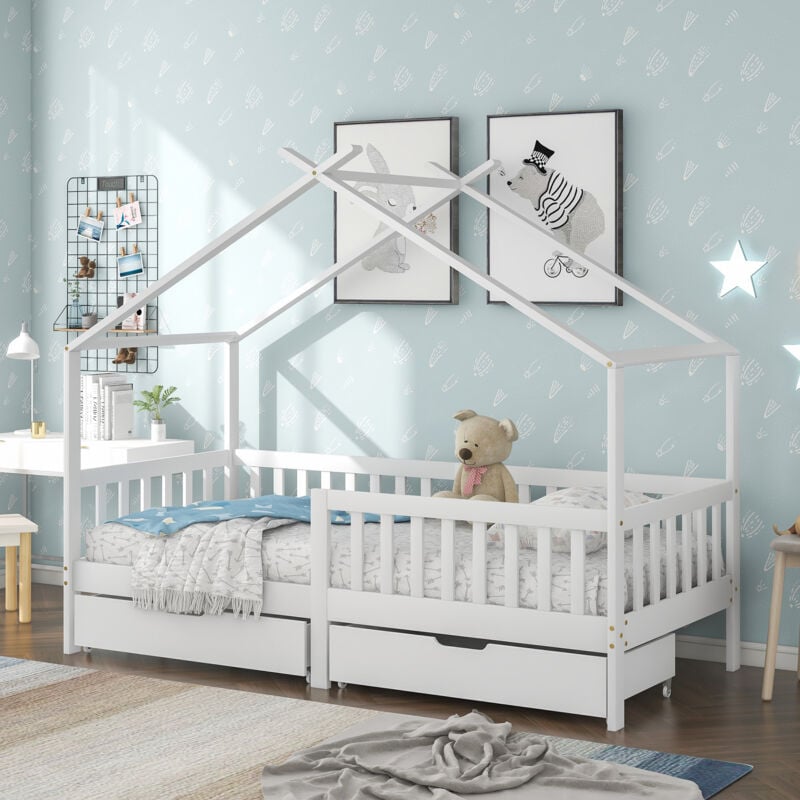 foto del prodotto vendita vietata in germania bellissimo letto per bambini, con 2 cassetti, in legno massiccio con recinzione e rete a doghe, cameretta per bambini e