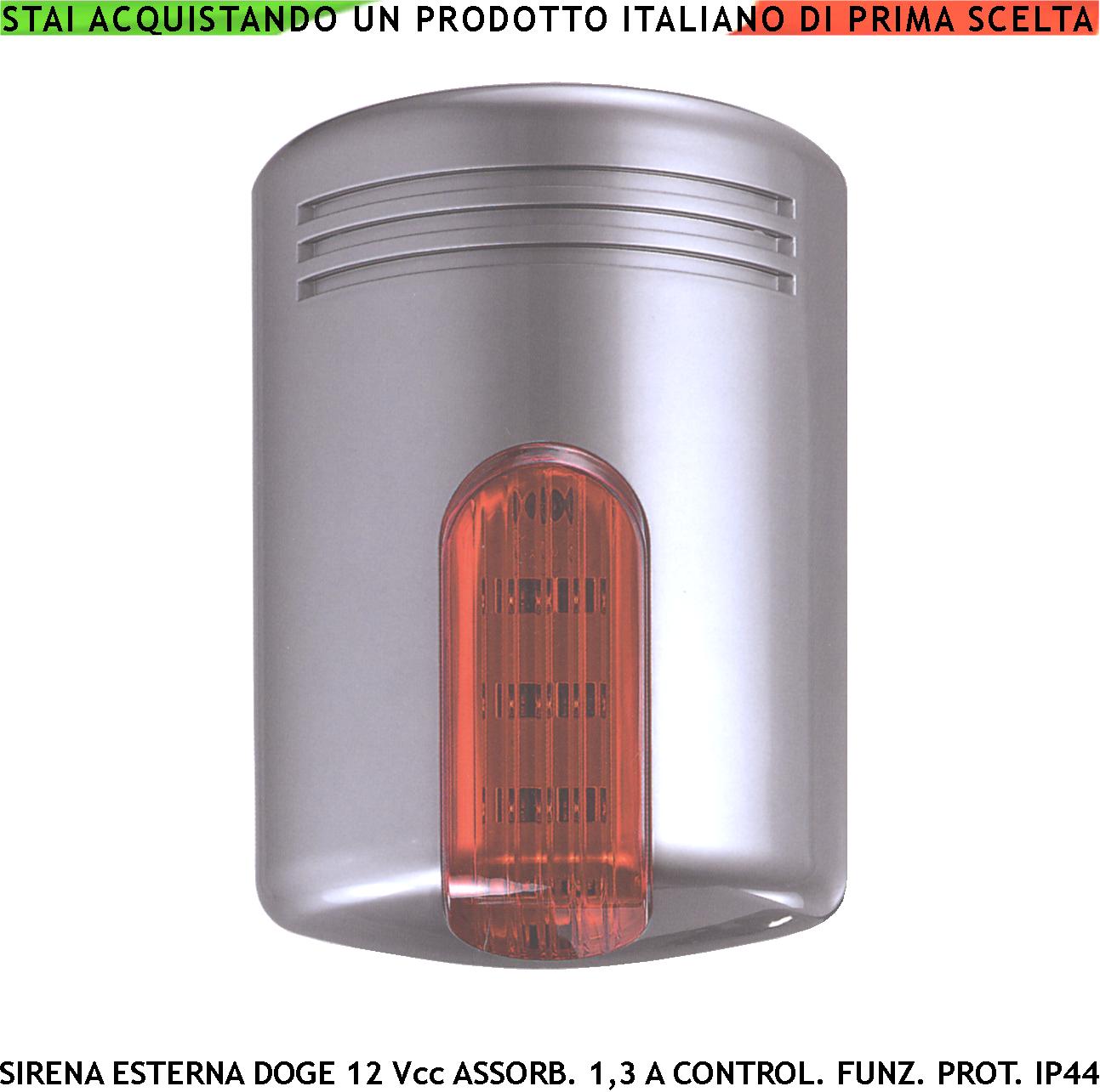 foto del prodotto venitem sirena doge allarme melodia 4 selezioni frequenza 900 1625 hz impianto antifurto filo alimentazione 12 vcc assorbimento 1,3 a imq en50131-4 2009 grado 3 contenitore abs sottocoperchio acciaio