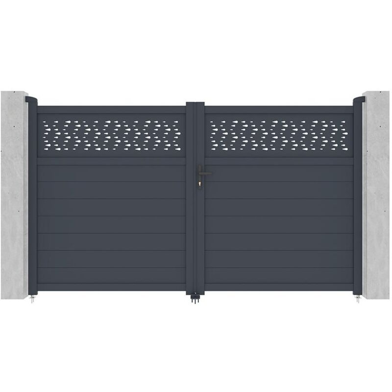 foto del prodotto vente unique cancello battente l305 x h181 cm in alluminio semi traforato con motivi antracite bazio