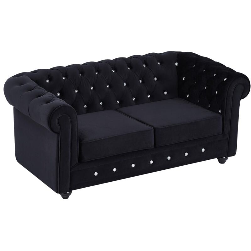 foto del prodotto vente unique divano 2 posti in velluto nero e bottoni effetto cristallo chesterfield