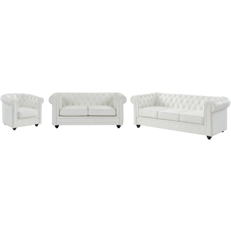 foto del prodotto vente unique divano 3 posti, 2 posti e poltrona in similpelle bianco chesterfield