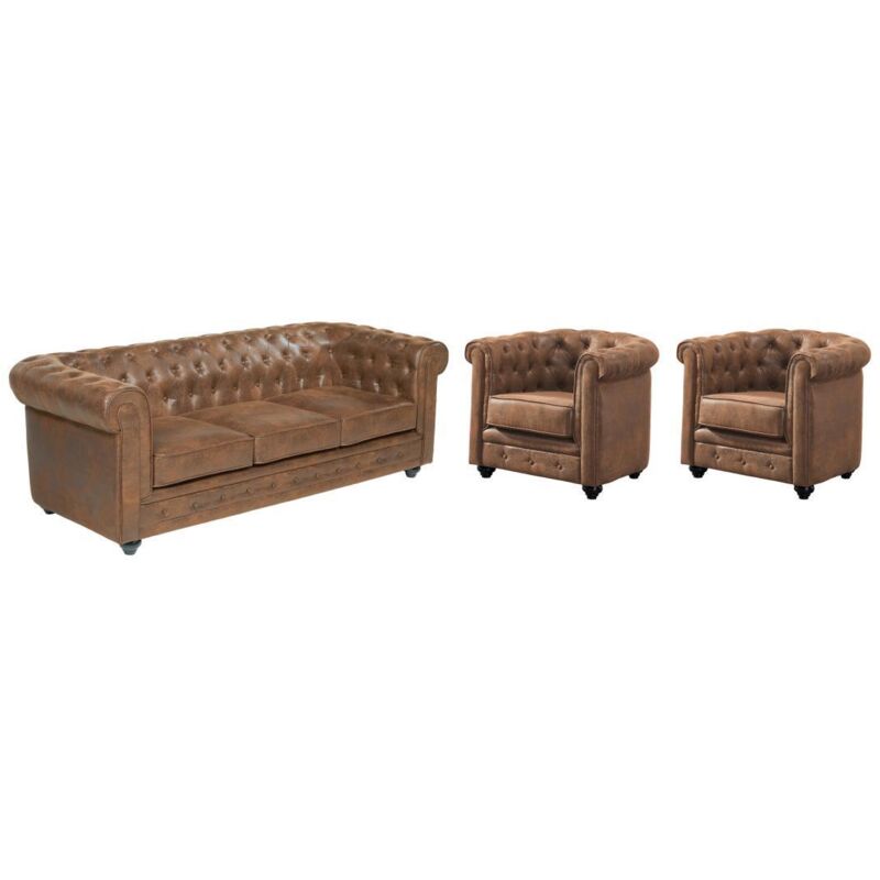 foto del prodotto vente unique divano 3 posti e 2 poltrone chesterfield in microfibra effetto cuoio invecchiato