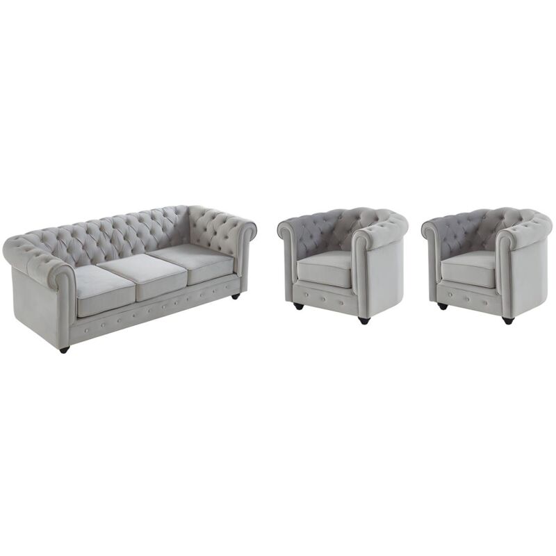 foto del prodotto vente unique divano 3 posti e 2 poltrone chesterfield in velluto grigio chiaro