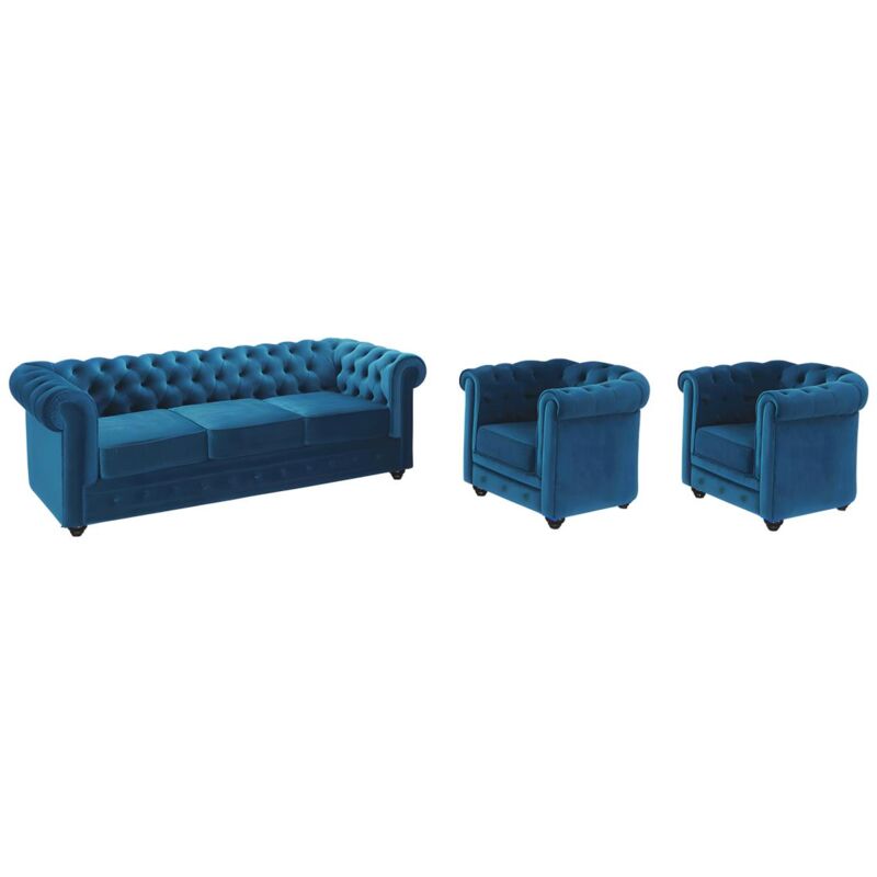 foto del prodotto vente unique divano 3 posti e 2 poltrone chesterfield in velluto verde petrolio