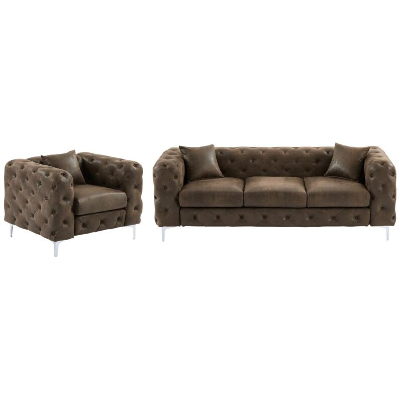 foto del prodotto vente unique divano 3 posti e poltrona chesterfield in microfibra aspetto pelle invecchiata edwina