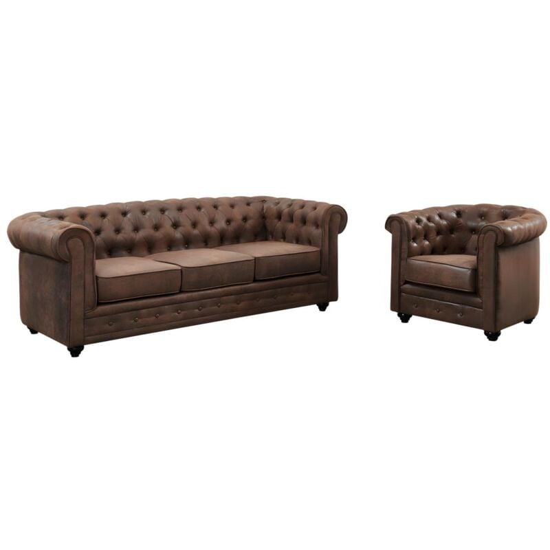 foto del prodotto vente unique divano 3 posti e poltrona chesterfield in microfibra effetto cuoio invecchiato