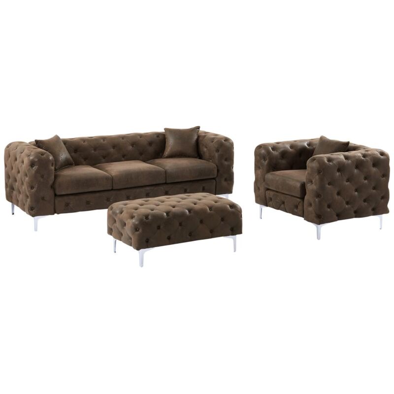foto del prodotto vente unique divano 3 posti, poltrona e pouf chesterfield in microfibra aspetto pelle invecchiata edwina