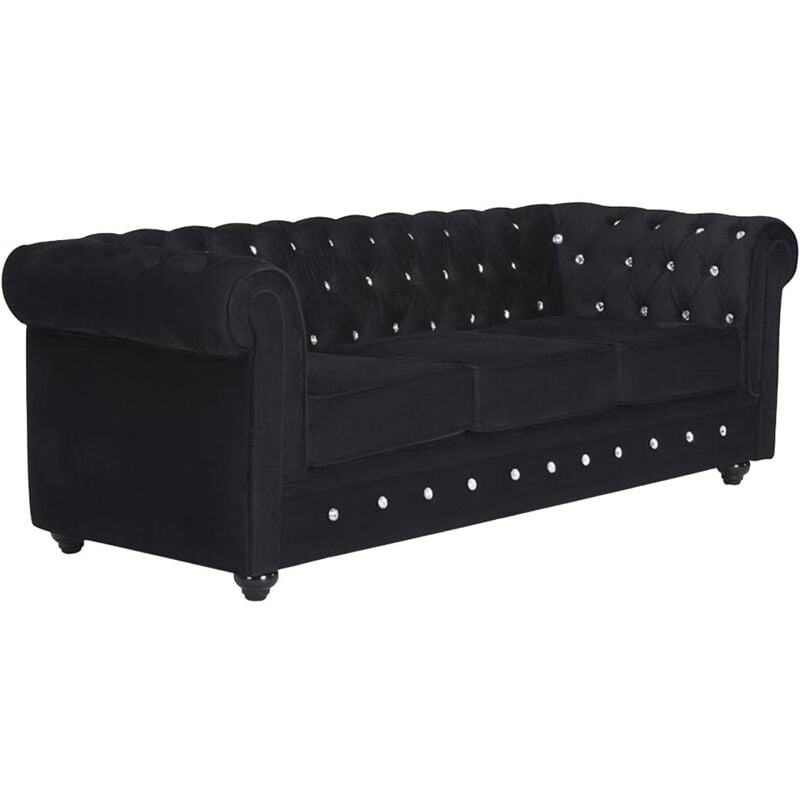 foto del prodotto vente unique divano chesterfield 3 posti in velluto nero con bottoni effetto cristallo
