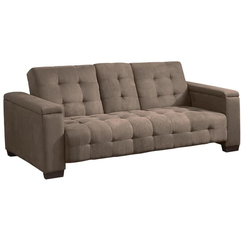 foto del prodotto vente unique divano letto clic clac a 3 posti in tessuto microfibra marrone con ripiano centrale reclinabile devonshire